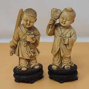 Vintage Asian Girl Figurines Pair‎ On Black Bases Handcrafted Resin